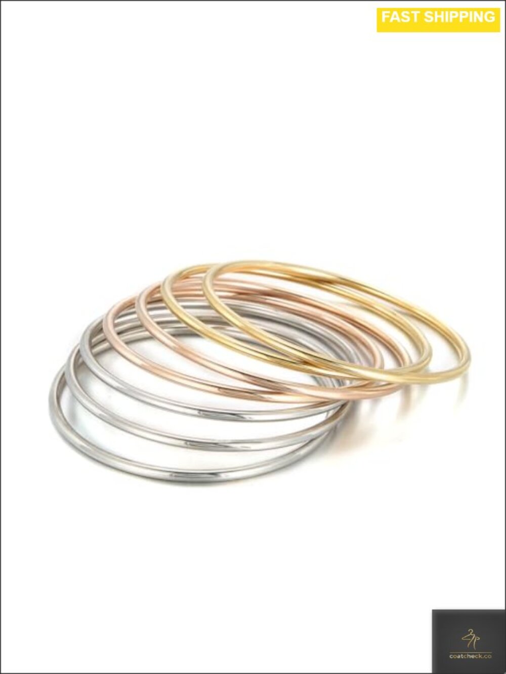 Stainless Steel Thin Round Bangle Bracelet Set 7 Piece Stackable Polished